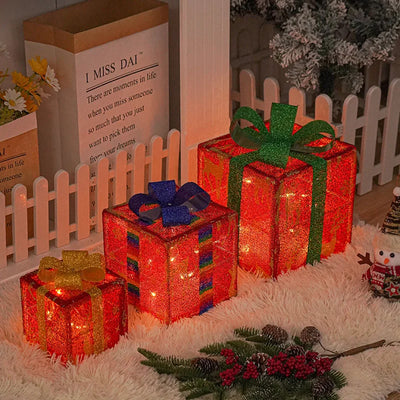 3pcs Christmas Glowing Gifts Box LED Light Up Present Boxes Case Ornaments Under Xmas Tree Decor Home Theme Party Supplies