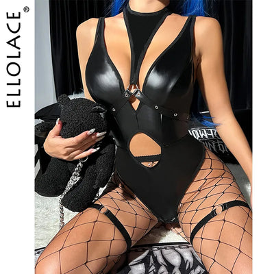 Ellolace Gothic Leather Bodysuit Tight Top With Fishnet Stocking Sissy Fetish Latex Black Body One Piece Pvc Night Club Outfit